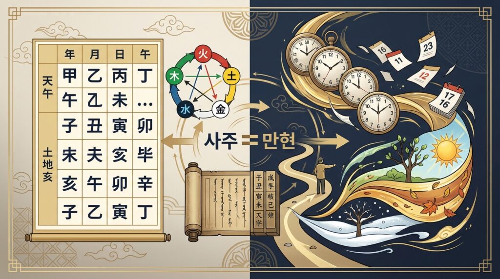 사주와 운세의 차이를 사주팔자 명식과 시간의 흐름으로 비교한 명리학 개념 일러스트